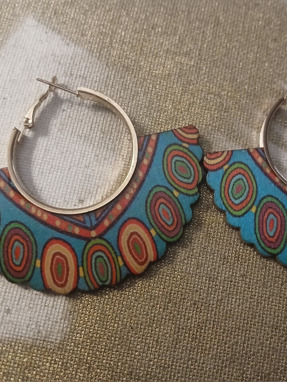 Handcrafted Blue Multi-Color Patterned Wood And Metal  Hoop Earrings